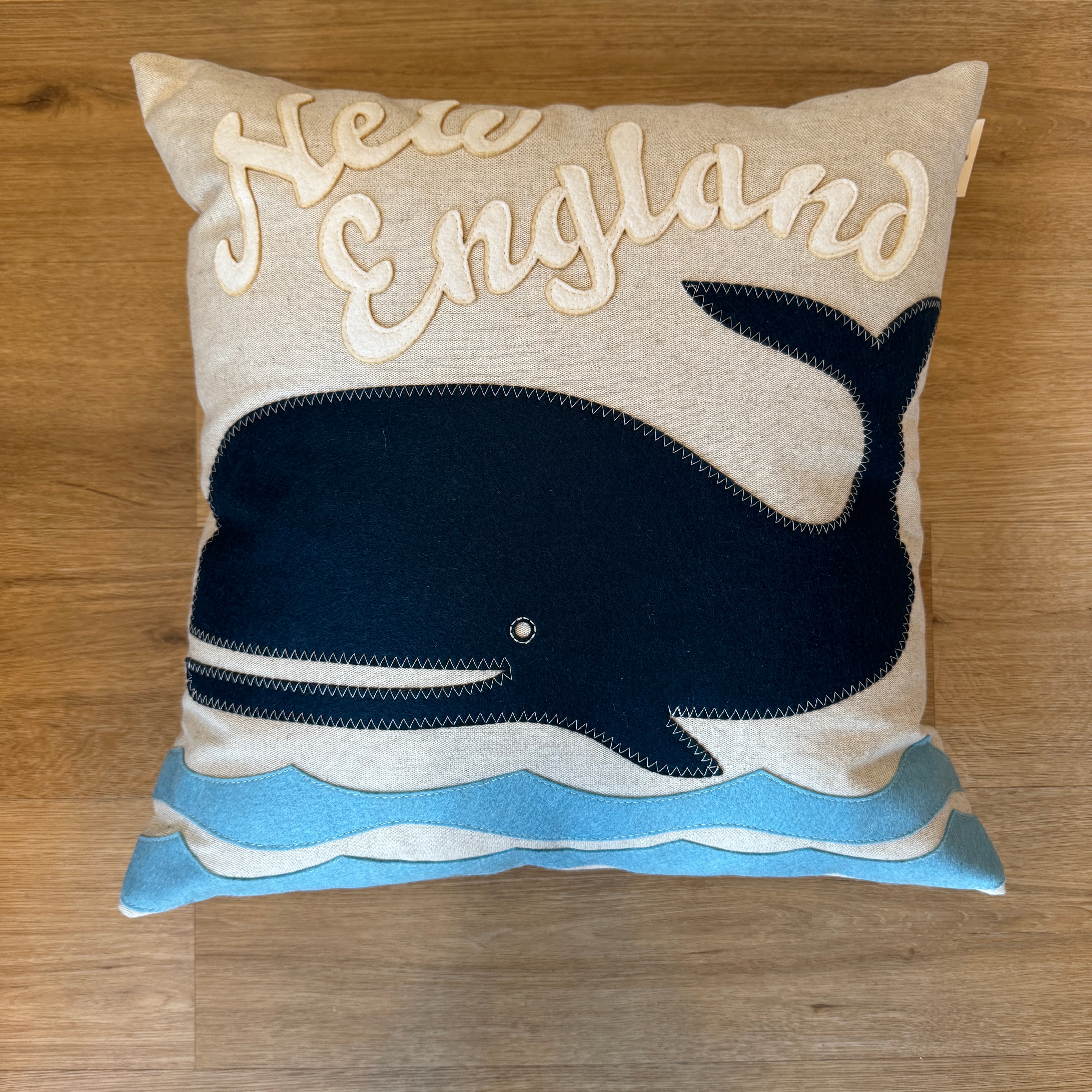 21" Ollie the Whale on blue waves with text pillow